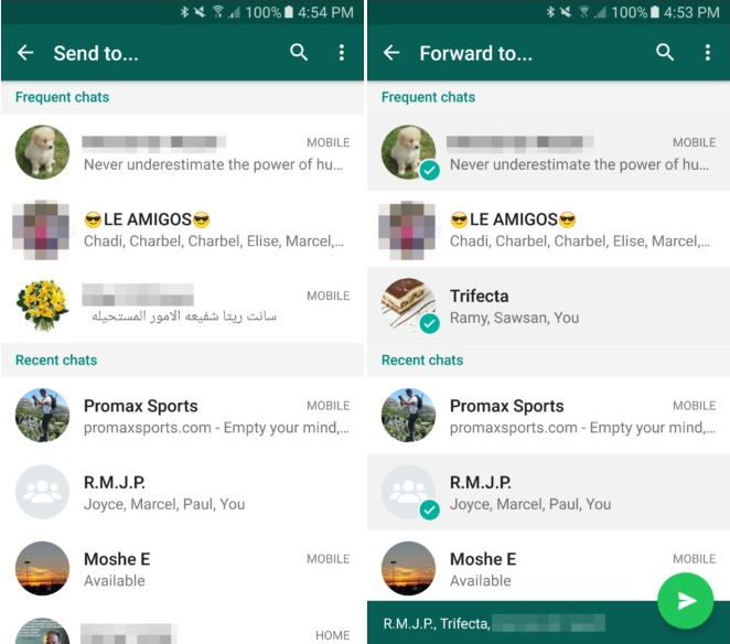  how to forward WhatsApp message to multiple contacts, Groups, recipients 