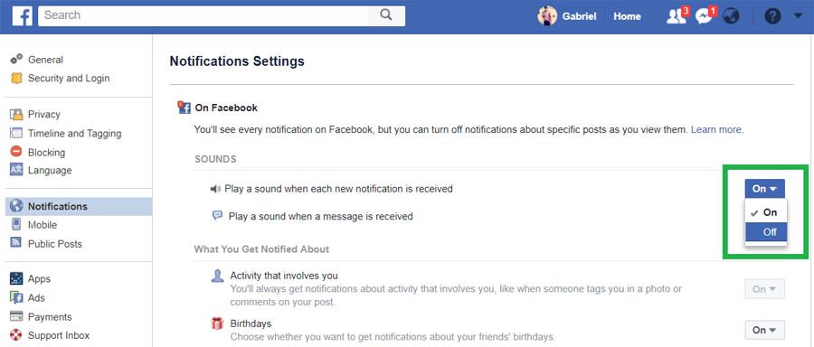 turn off Facebook notifications on PC