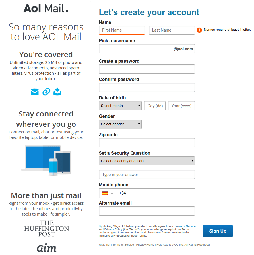 AOL Mail Sign Up