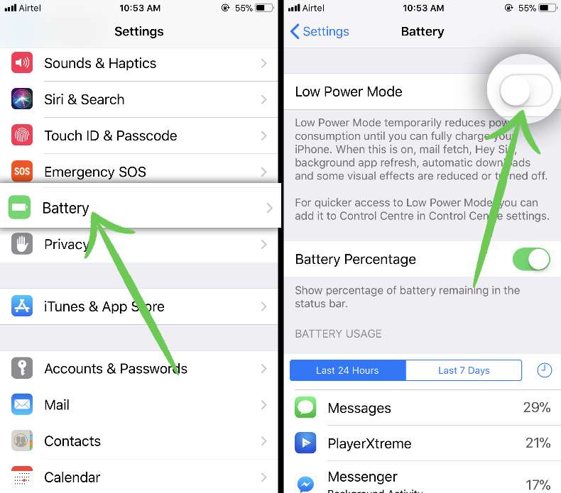 iPhone Battery Yellow - Low power mode