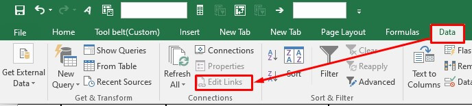 Navigate to the Data tab and click on Edit Links in Microsoft Excel Ribbon.